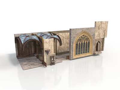 Gothic Stone Building Facade With Arched Stained Glass Windows And Ornate Details 3d model
