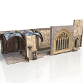 Gothic Stone Building Facade With Arched Stained Glass Windows And Ornate Details