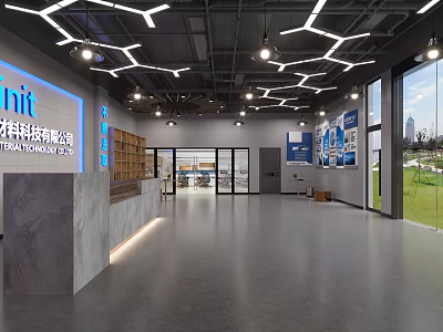 Modern Technology Company Lobby With Geometric Lighting Large Windows Wooden Bookshelves And Gray Reception Desk 3d model