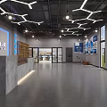 Modern Technology Company Lobby With Geometric Lighting Large Windows Wooden Bookshelves And Gray Reception Desk