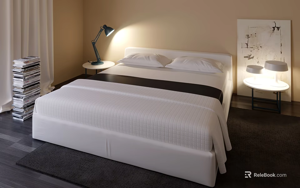 Modern Double Bed With White Striped Bedding Nightstand Lamp Beige Wall And Dark Rug 3d model 