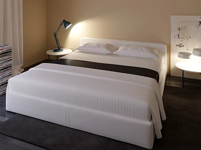 Modern Double Bed With White Striped Bedding Nightstand Lamp Beige Wall And Dark Rug 3d model