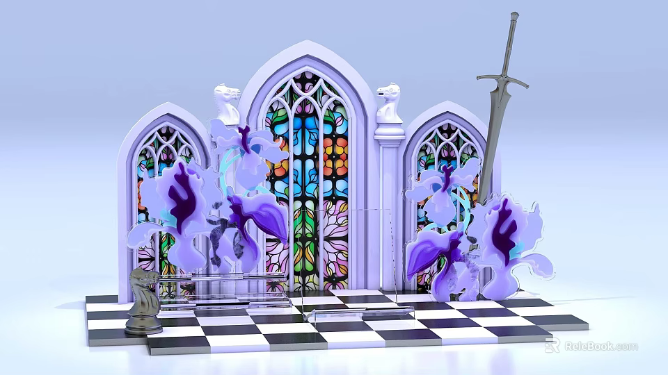Art Installation Featuring Gothic Arches Stained Glass Windows Purple Flowers Sword On Checkerboard Floor 3d model 