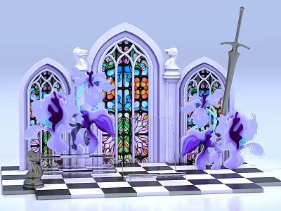 Art Installation Featuring Gothic Arches Stained Glass Windows Purple Flowers Sword On Checkerboard Floor 3d model