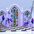 Art Installation Featuring Gothic Arches Stained Glass Windows Purple Flowers Sword On Checkerboard Floor