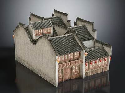 Chinese Traditional Architecture With Overhanging Eaves Gray Tiled Roofs Wooden Doors And Windows Red Lanterns 3d model