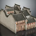 Chinese Traditional Architecture With Overhanging Eaves Gray Tiled Roofs Wooden Doors And Windows Red Lanterns