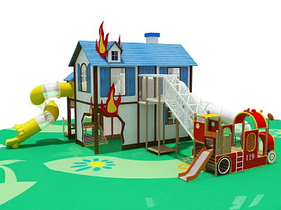 White House Playground Equipment With Blue Roof Flame Decorations Yellow Slides And Red Fire Truck Design 3d model