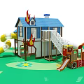 White House Playground Equipment With Blue Roof Flame Decorations Yellow Slides And Red Fire Truck Design