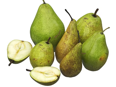 Fresh Green and Brown Pears with Halved Ripe Fruits on White Surface 3d model