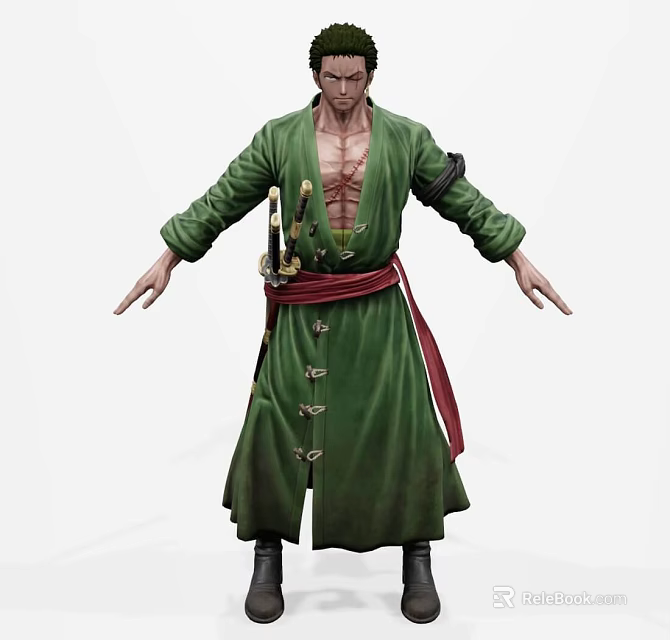 Warrior Game Movie Character Wearing Green Long Coat Red Belt And Sword 3d model 