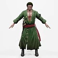 Warrior Game Movie Character Wearing Green Long Coat Red Belt And Sword