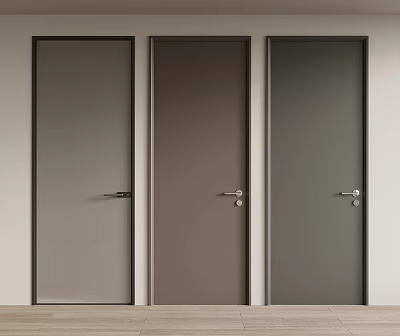 Modern Minimalist Hinged Doors Three Colored Smooth Surface Against Light Wall Wooden Floor 3d model
