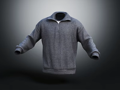 Gray Knitted Sweater with Zipper Collar Long Sleeves and Casual Style 3d model