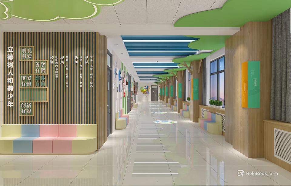 Bright School Corridor With Wooden Walls Colorful Seats And Cloud Decorations 3d model 