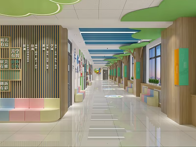 Bright School Corridor With Wooden Walls Colorful Seats And Cloud Decorations 3d model
