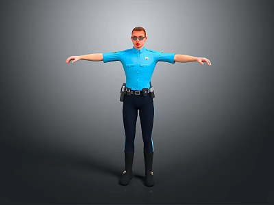 Police Officer in Blue Uniform Standing with Red Glasses and Outstretched Arms on Gray Background 3d model