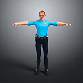 Police Officer in Blue Uniform Standing with Red Glasses and Outstretched Arms on Gray Background