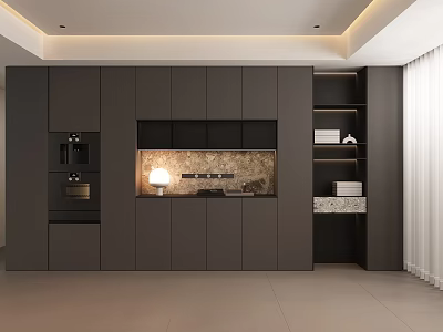 Modern Sideboard With Dark Gray Cabinets Marble Backsplash Built in Lighting Open Shelves And Decor 3d model