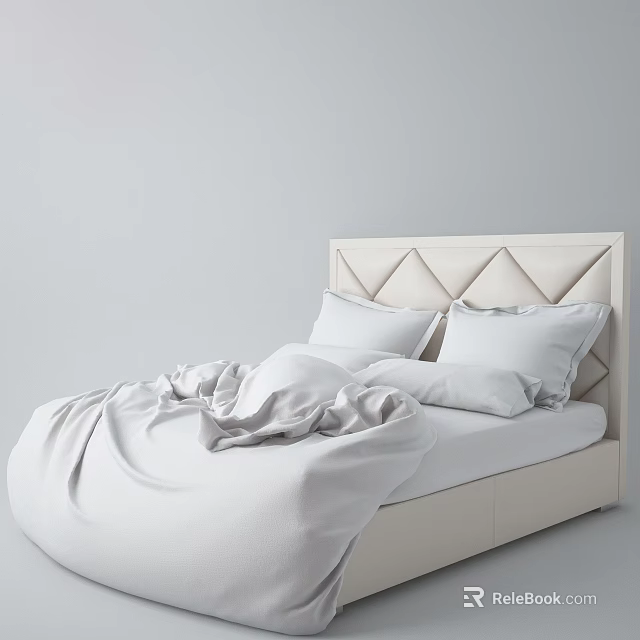 Modern Double Bed With Diamond Tufted Ivory Headboard And White Bedding 3d model