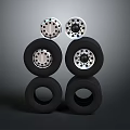 High Performance Automotive Parts With Stacked Black Tires And Polished Silver Wheels