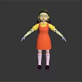 Modern Wooden Table Displaying Girl Doll In Red Dress Yellow Top And White Socks