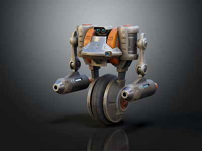Futuristic Robot Character With Mechanical Wheel Arms Cameras And Orange Accents 3d model