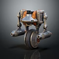 Futuristic Robot Character With Mechanical Wheel Arms Cameras And Orange Accents