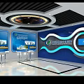 Modern Technology Exhibition Hall With Glass Partitions Blue Tones And Multiple Screens
