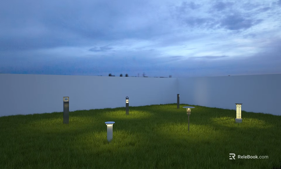 Outdoor Lights Illuminating Green Grass with White Wall and Evening Sky 3d model 