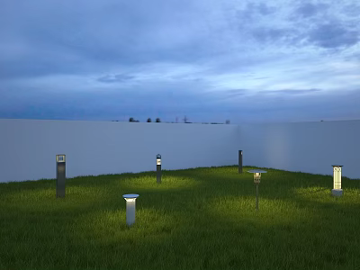 Outdoor Lights Illuminating Green Grass with White Wall and Evening Sky 3d model