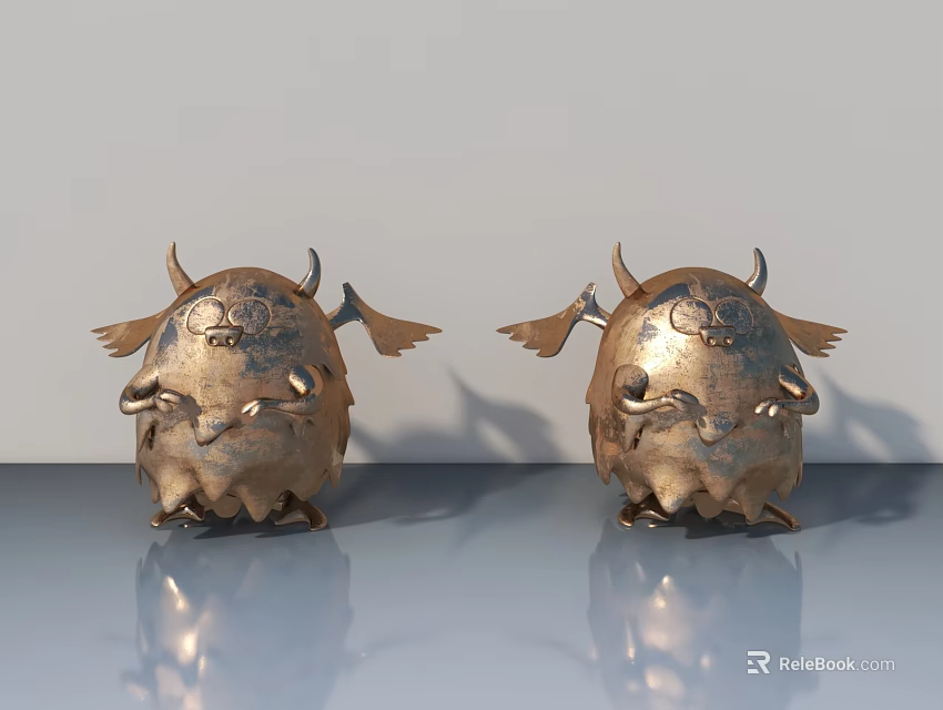 Golden Monster Sculptures With Wings Horns On Shiny Surface With Reflections 3d model 