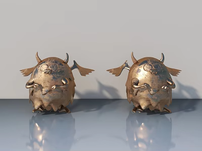 Golden Monster Sculptures With Wings Horns On Shiny Surface With Reflections 3d model