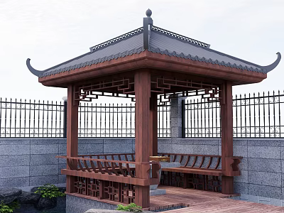 Traditional Chinese Style Pavilion With Wooden Structure Tiled Roof And Stone Wall 3d model