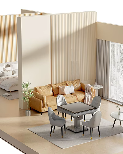 Modern Living Room Interior With Beige Sofa White Pillows Table Chairs And Window Curtain 3d model