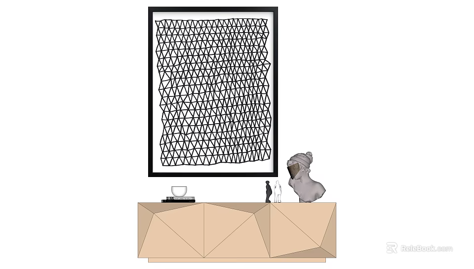 Geometric Pattern Artwork Above Geometric Cut Cabinet With Dog Sculpture And Decor Items 3d model 