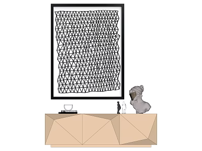 Geometric Pattern Artwork Above Geometric Cut Cabinet With Dog Sculpture And Decor Items 3d model