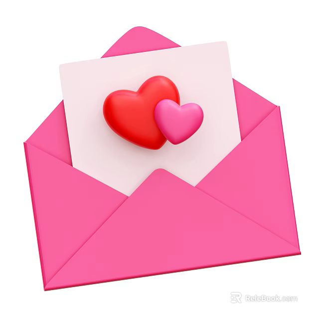 Pink Envelope With Card Featuring Red And Pink Heart Shaped Decorative Ornament Set 3d model 