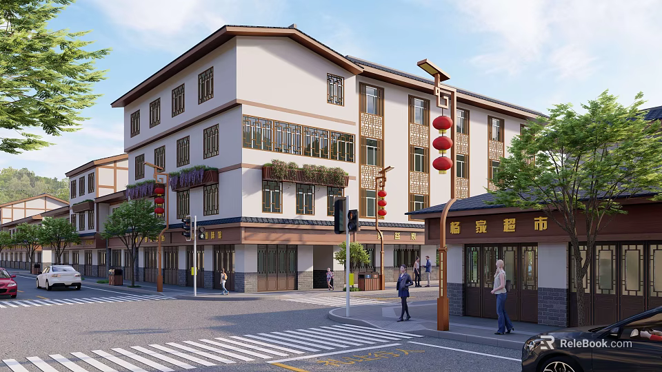 Traditional Chinese Commercial Street With Two Story Buildings Red Lanterns And Shops 3d model 