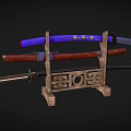 Traditional Samurai Swords Displayed On Wooden Stand With Purple Brown Handles And Decorative Sheaths