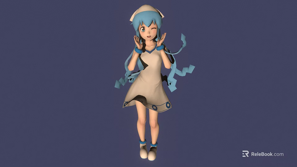 Animated 3D Character With Blue Hair Hat White Blue Dress And Blue Ribbons 3d model 