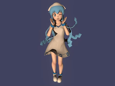 Animated 3D Character With Blue Hair Hat White Blue Dress And Blue Ribbons 3d model