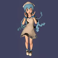 Animated 3D Character With Blue Hair Hat White Blue Dress And Blue Ribbons