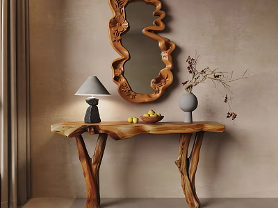 Natural Wooden Console Table with Gray Lampshade Fruit Bowl Vase and Decorative Curved Mirror 3d model