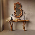Natural Wooden Console Table with Gray Lampshade Fruit Bowl Vase and Decorative Curved Mirror