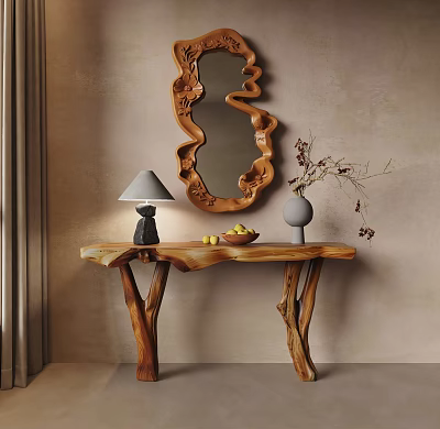 Natural Wooden Console Table with Gray Lampshade Fruit Bowl Vase and Decorative Curved Mirror 3d model