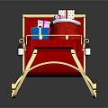 Red Santa Sleigh With Golden Frame Decorated With Colorful Gifts And Snowflake Patterns