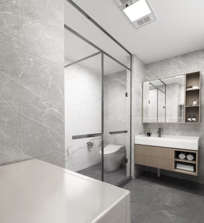 Modern Bathroom Interior With Gray Marble Walls Glass Shower Enclosure White Toilet And Wooden Vanity 3d model