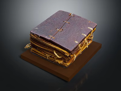 Vintage Thread Bound Books With Leather Cover Stacked On Wooden Base 3d model
