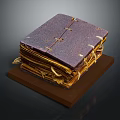 Vintage Thread Bound Books With Leather Cover Stacked On Wooden Base